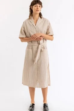 Sale Rotholz Bowling Kleid Gestreift Aus Bio-Baumwolle Beige/Weis