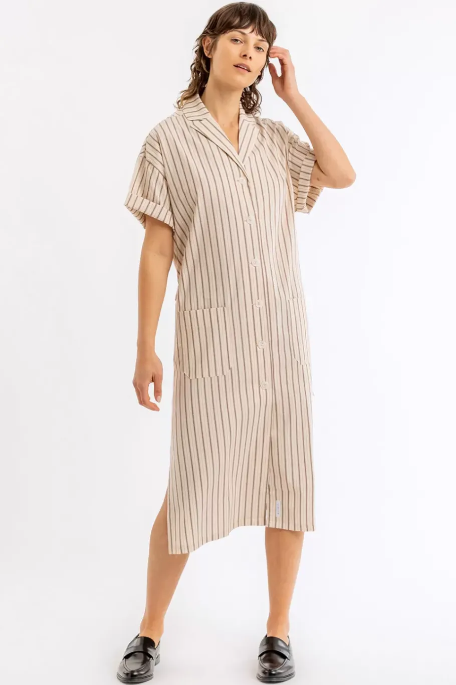 Sale Rotholz Bowling Kleid Gestreift Aus Bio-Baumwolle Beige/Weis