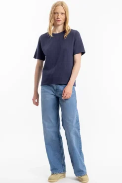 Sale Rotholz Geripptes T-Shirt Bio Baumwolle - Dunkelblau