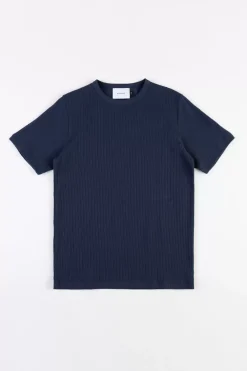 Sale Rotholz Geripptes T-Shirt Bio Baumwolle - Dunkelblau