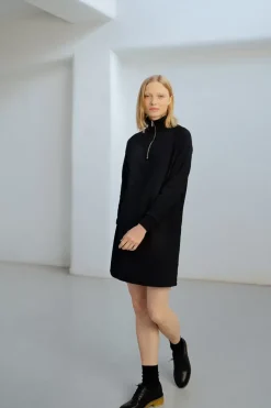 Outlet Rotholz Half Zip Sweat Kleid Bio Baumwolle - Schwarz