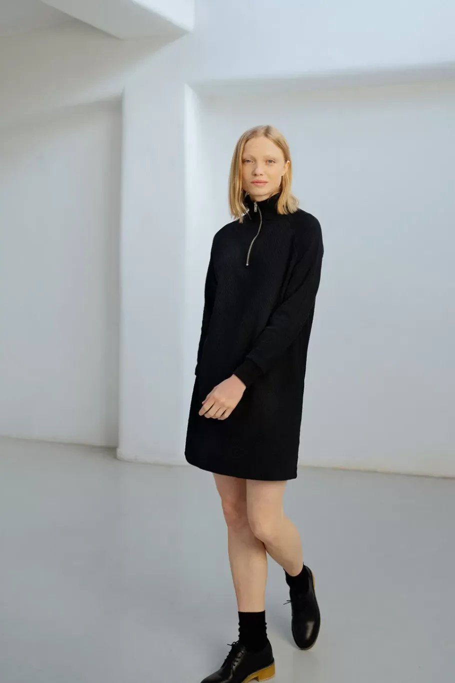 Outlet Rotholz Half Zip Sweat Kleid Bio Baumwolle - Schwarz