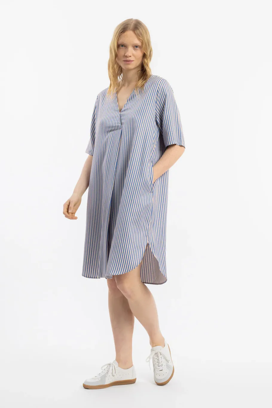 Sale Rotholz Kaftan Kleid Lyocell - Blau Gestreift