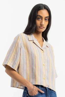 New Rotholz Kurzes Bowling Shirt Leinen Mix - Gestreift