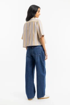 New Rotholz Kurzes Bowling Shirt Leinen Mix - Gestreift