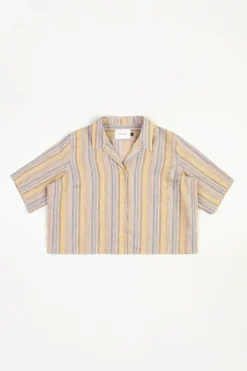 New Rotholz Kurzes Bowling Shirt Leinen Mix - Gestreift