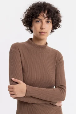 New Rotholz Mock Neck Kleid Aus Rippenstrick Braun