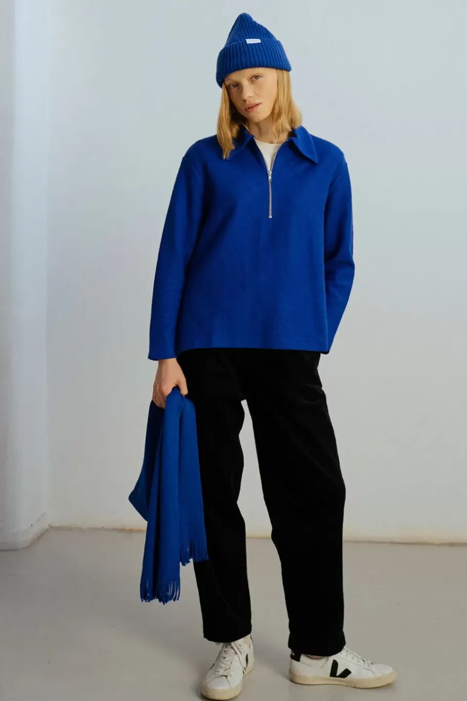 New Rotholz Polo Zip Sweatshirt Bio Baumwolle - Kobalt