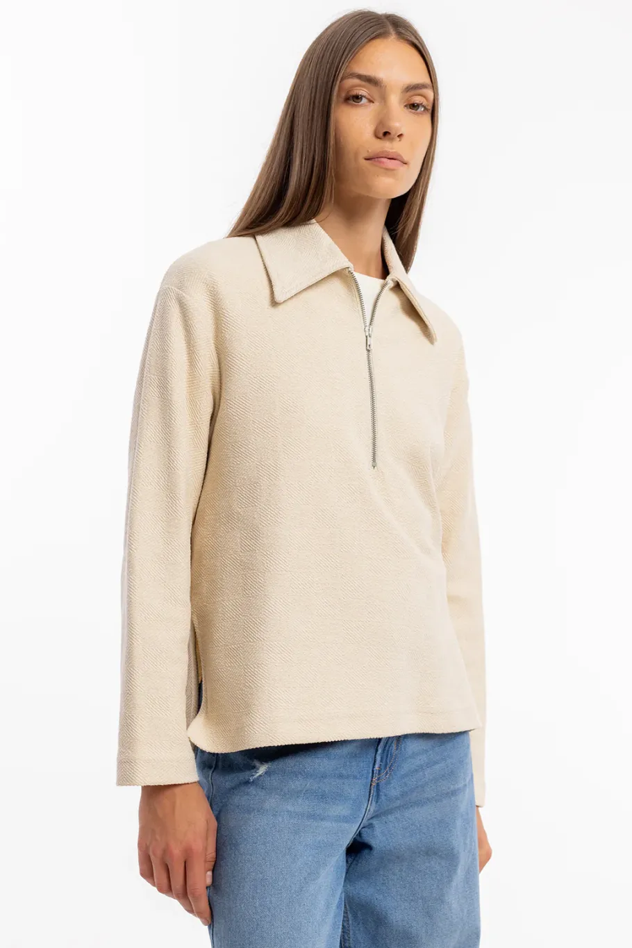 New Rotholz Polo Zip Sweatshirt Bio Baumwolle - Creme