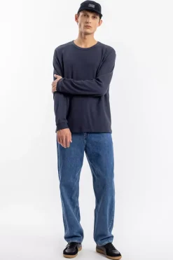 Sale Rotholz Waffel Longsleeve Bio Baumwolle - Dunkelblau
